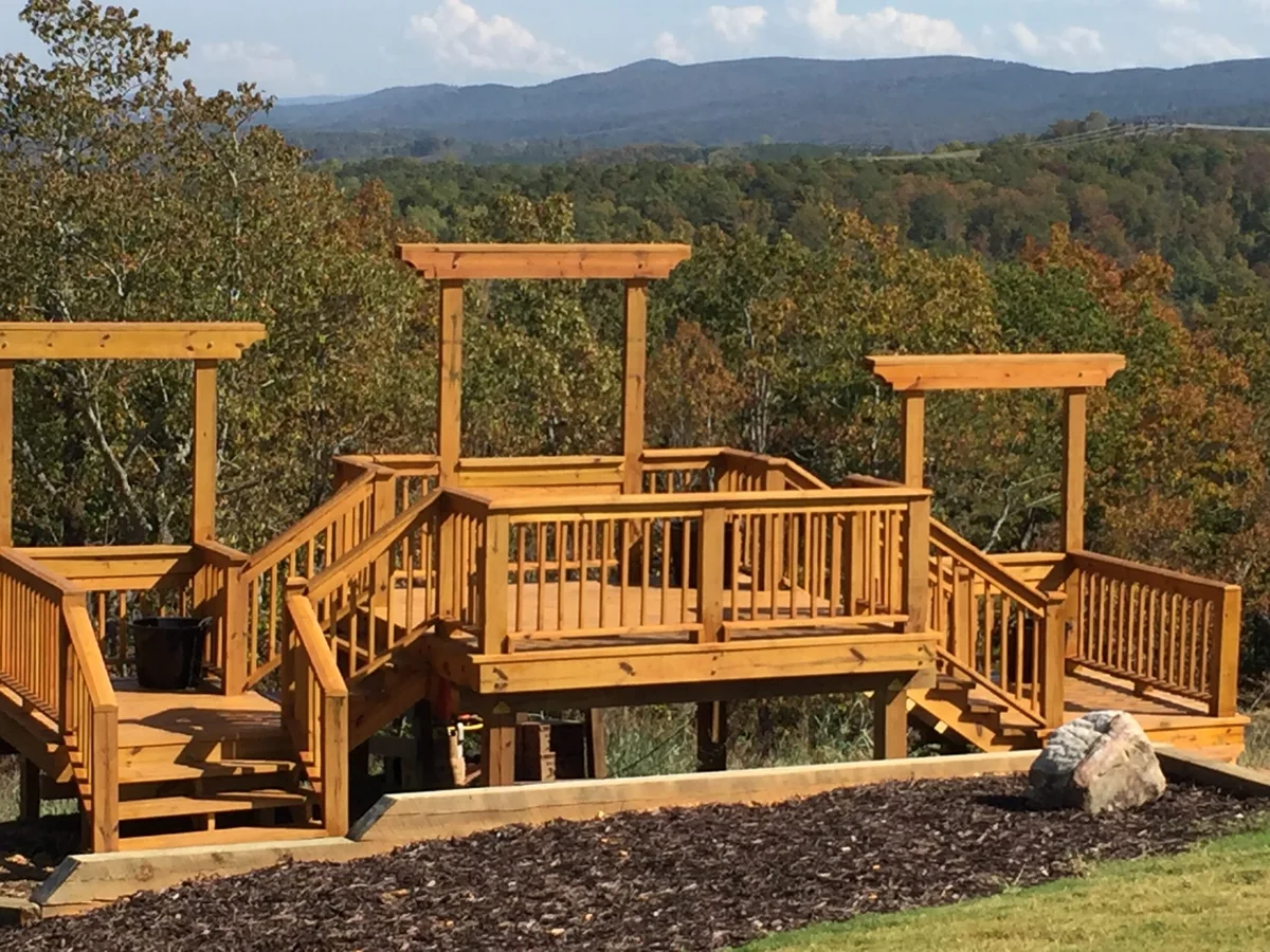 Outdoor course stations overlooking the wooded North Georgia mountains