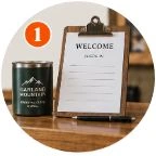 Check-in clipboard and Garland Mountain cup