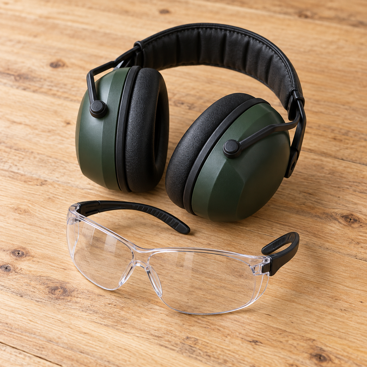 Hearing-protection earmuffs and clear safety glasses